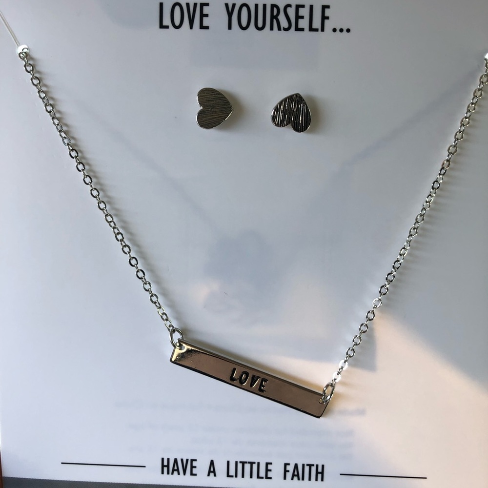 Silver Love Chain w/ Heart Earring Studs (Set)
